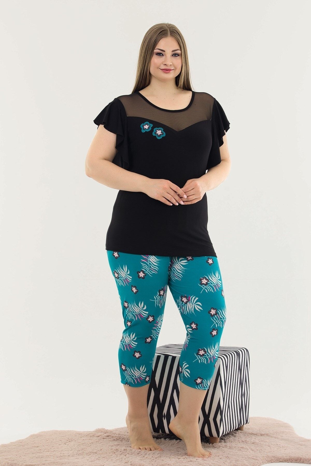 

Women s Style Plus Size Pajama Set Blue-Black Color And Floral Pattern Lady 10586 Large Size Capri Pajama Set