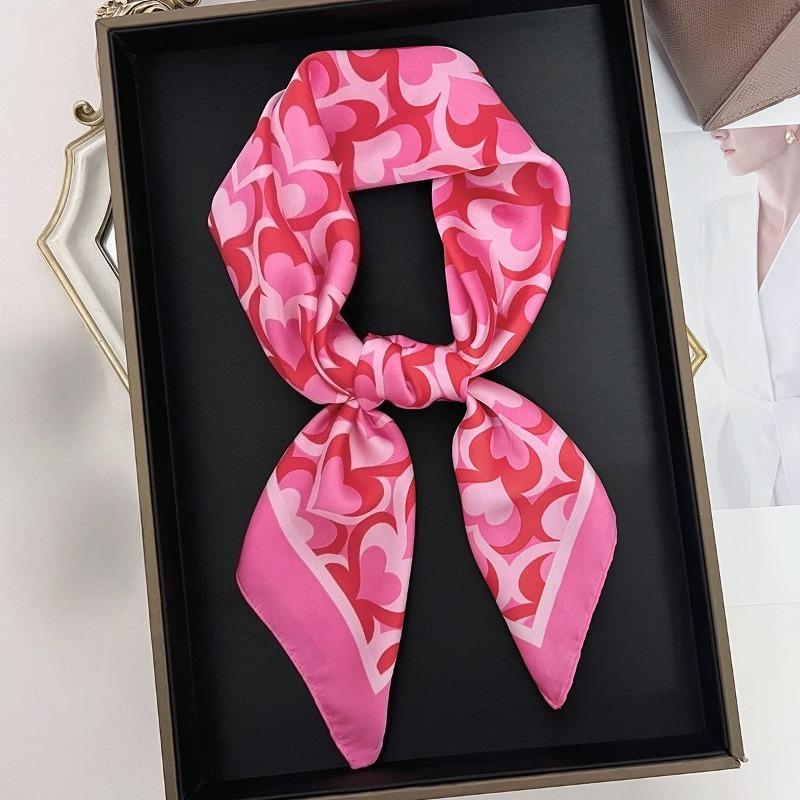 

68cm Rose Red Love Printed Scarf Women s Spring and Summer Thin Imitation Silk Scarf Fashion Trendy Headscarf Shawl розовый