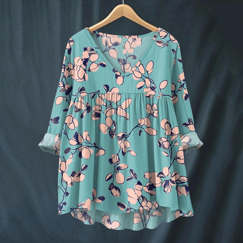 Damen Modisches Und Lässiges Hemd Langärmlig V-Ausschnitt Druck Baumwolle Und Leinen Bluse