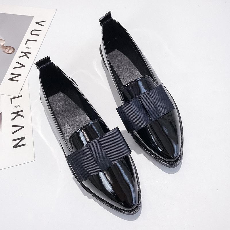 

Patent leather small leather shoes women s summer and autumn new flat-bottomed pointed single shoes bow low-heeled women s shoes 35 чорний