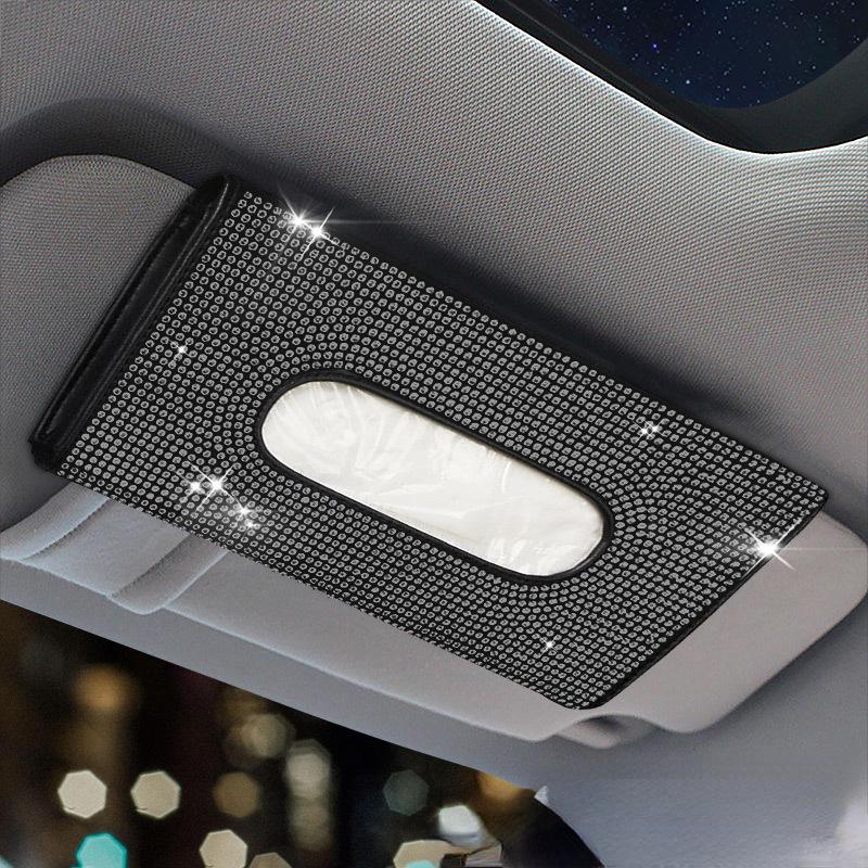 Bling Crystal Rhinestone Car Tissue Holder, Sun Visor Backseat Napkin Case, Leather Auto Tissue Storage Accessory