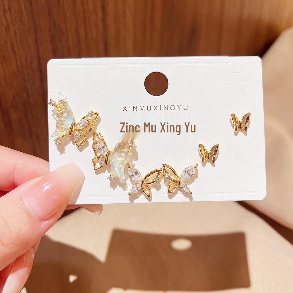 Fashionable Butterfly Stud Earrings Set - Silver Needle, Three Pairs, Light Luxury Design 14k Gold Plated