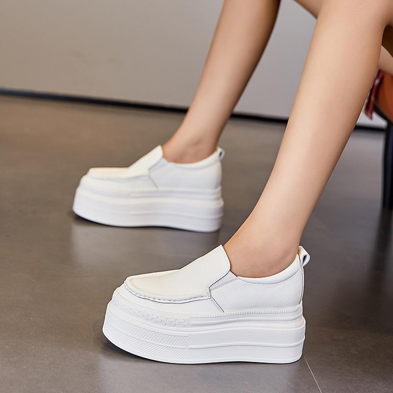 Leather Thick-soled One-pedal Loafers Women's Solid Color Heightening Foot Cover Breathable and Comfortable Heightening 8CM Small White Shoes Sin