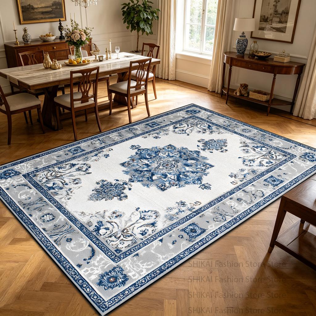 Retro Blue White Persian Living Room Carpet Antiskid Washable Decoration Home Decoration Home Rug Soft Plush Entrance Door Mat