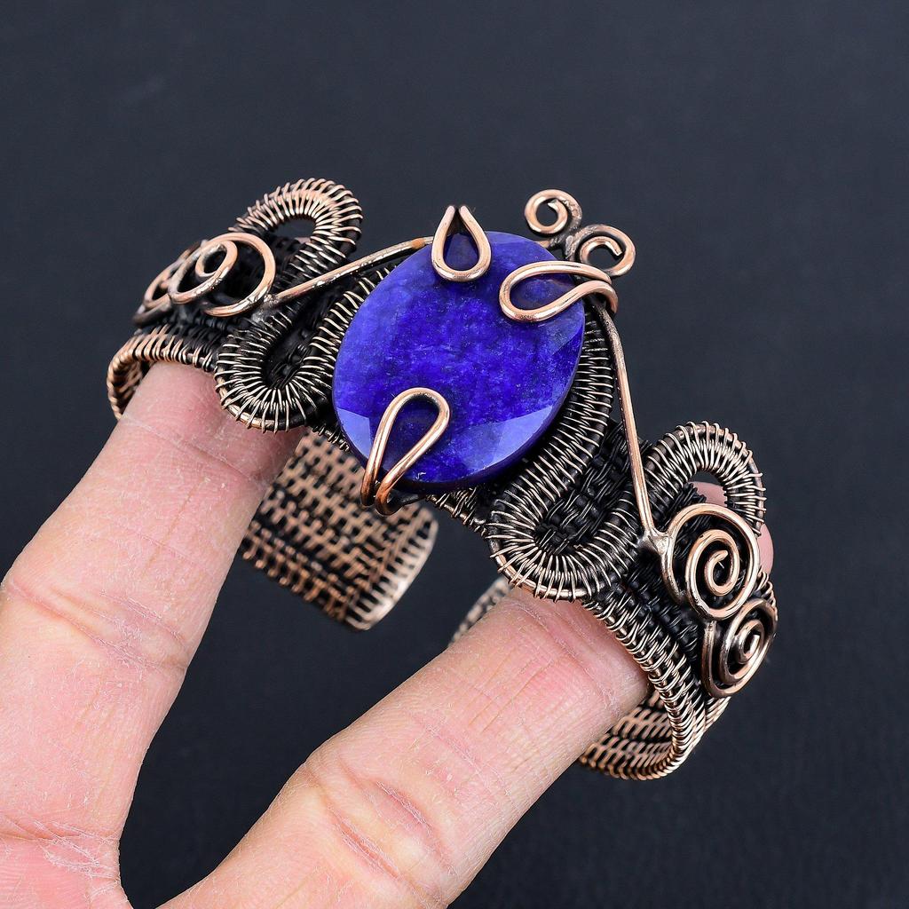 Blue Sapphire Bangle, Handmade Gemstone Bangle, 999 Copper Wire Wrapped Antique Jewelry, For Engagement Gift