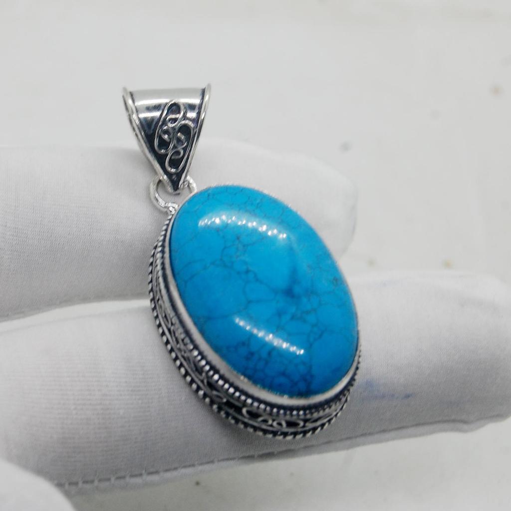 Huge Oval Cab Blue Turquoise Gemstone 925 Sterling Sillver Pendant Jewelry, Native Style Boho Designer Handmade Pendant