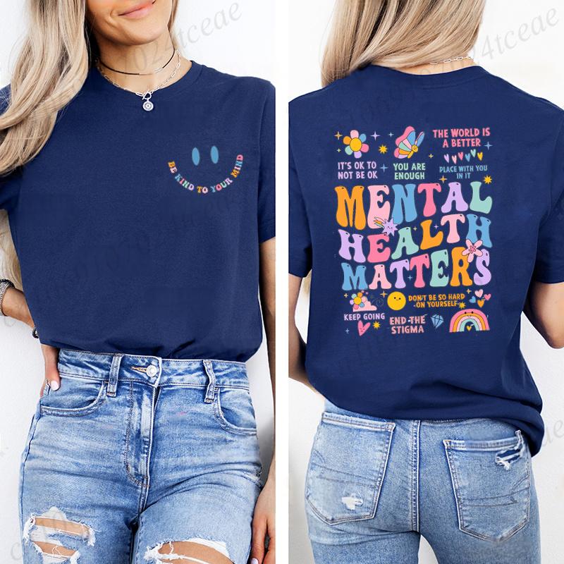 Fashion Women T Shirts Mental Health Matters Print Short Sleeve T-Shirt Inspirational Recreational Therapy Casual Summer Shirts