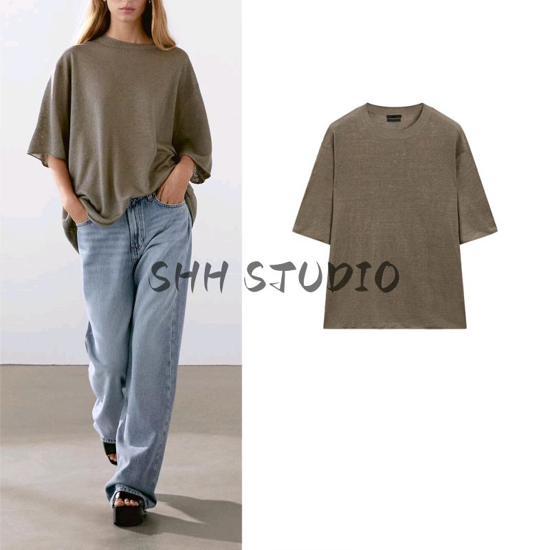 MD Summer New Arrival Women's Clothing Casual Loose Linen Blended Loose round Neck Short Sleeve Knitwear 5610648