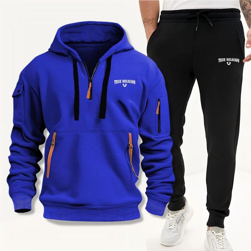 2024 European and American Men's Multi-pocket Multi-zipper Fleece-lined Sweater Suit Daily Joker Street Fashion Fashion Fashion