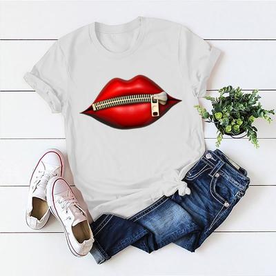 Kadın Yaz Tişörtü Kırmızı Dudak Baskılı Retro Moda Kısa Kollu Tişörtler Günlük Baskılı Üstler