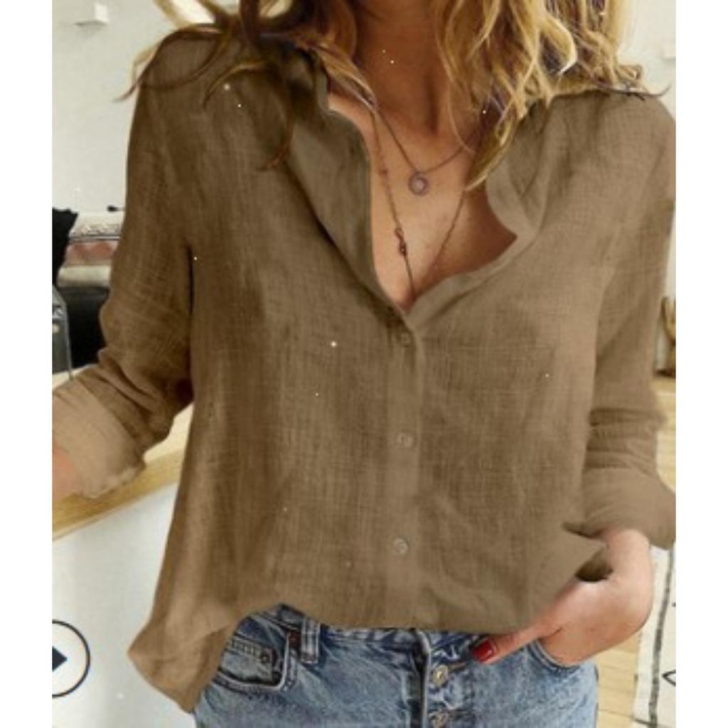 Solid Color Casual Loose Long Sleeved Linen Shirt