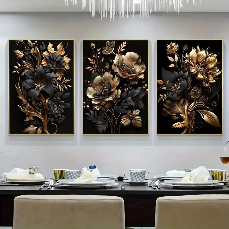 3 pezzi Poster Moderno Nordico con Fiori Elegante Arte da Parete per Soggiorno Decorazione Casa Nero Oro Pittura su Tela Decorazione Poster Arte da Parete