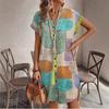 2026 Summer Geometric Print Elegant V-Neck Button Sleeve Dress for Women