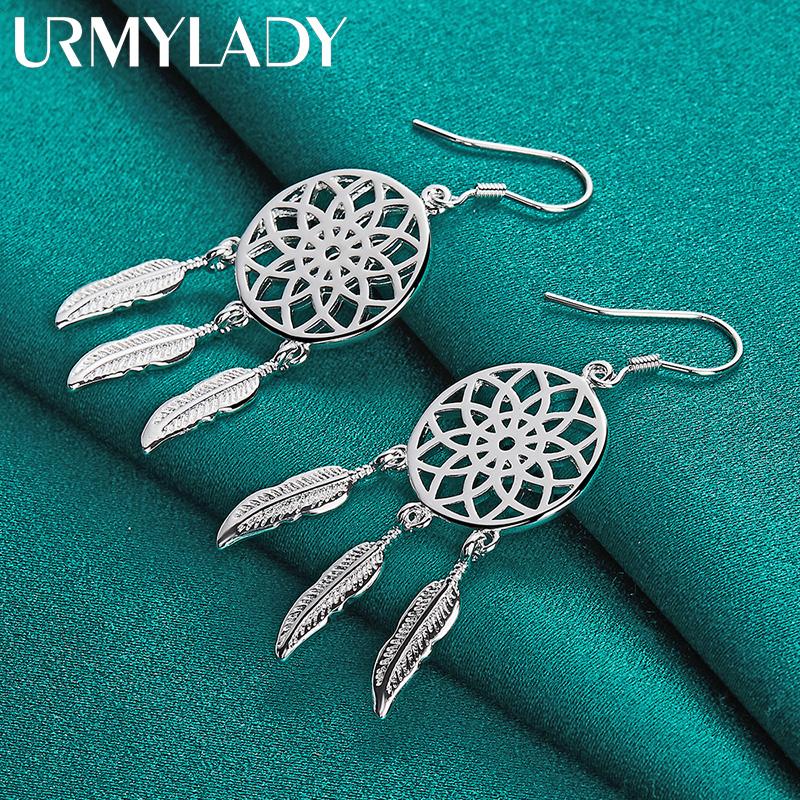 Pendientes redondos de plata de ley 925 con forma de flor y plumas, joyería con dijes