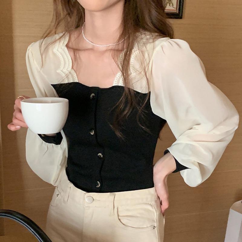 

Women s Top Knitted Splice Slim Sweet Long Sleeve Square Neck One Size