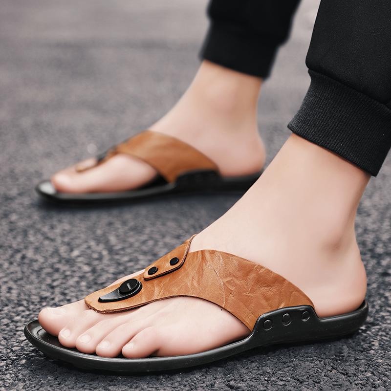 Fashion Men Summer2025New Sandals Casual Leather Soft Bottom Sandals Adult Breathable Beach Walking Shoe Non-slip Open-toe Leather Flats
