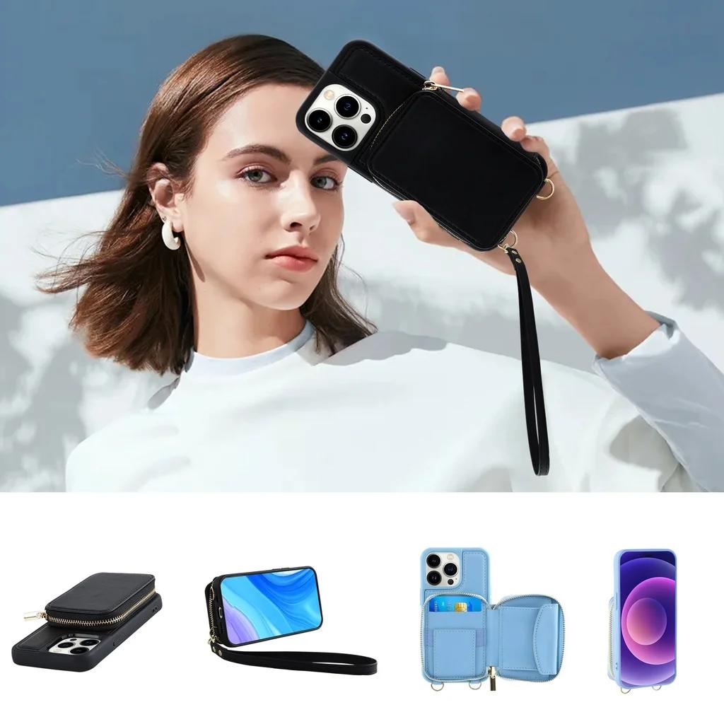 Crossbody Long Strap Leather Phone Case For iPhone 15 Pro Max 14 Plus 13 12 11 Pro Zipper Wallet Card Bag Cover with Lanyard