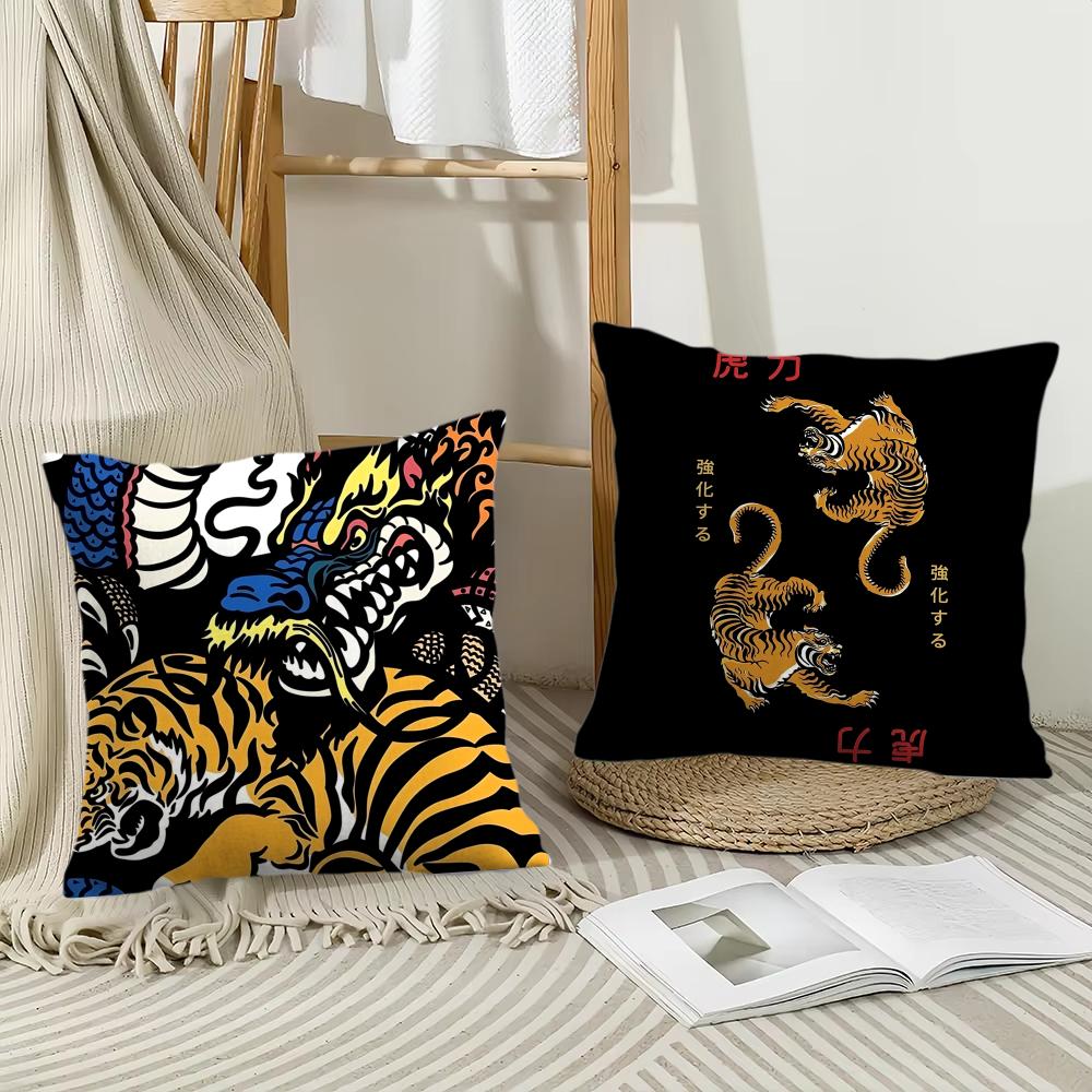 Chinese Dragontiger Cushion Cover Soft Plush Throw Pillow Cover | Double-Sided Decorative Cushion Case | Sofa Bedroom Home Decor