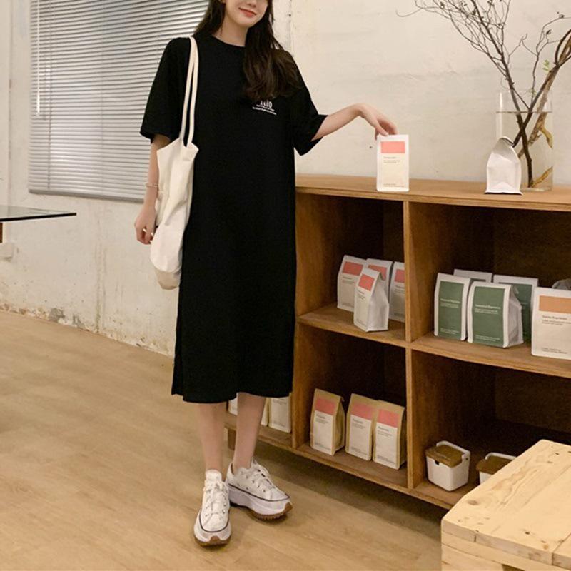 Women's Plus Size Summer T-shirt Dress: Loose Over-the-Knee Slit Skirt & Long Top Base Layer