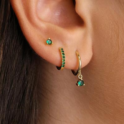 3pcs Simple Green Zircon Huggies Drop Earrings Set for Women Tiny Gold Plated Stainless Steel Dangle Earring Piercing Jewelry