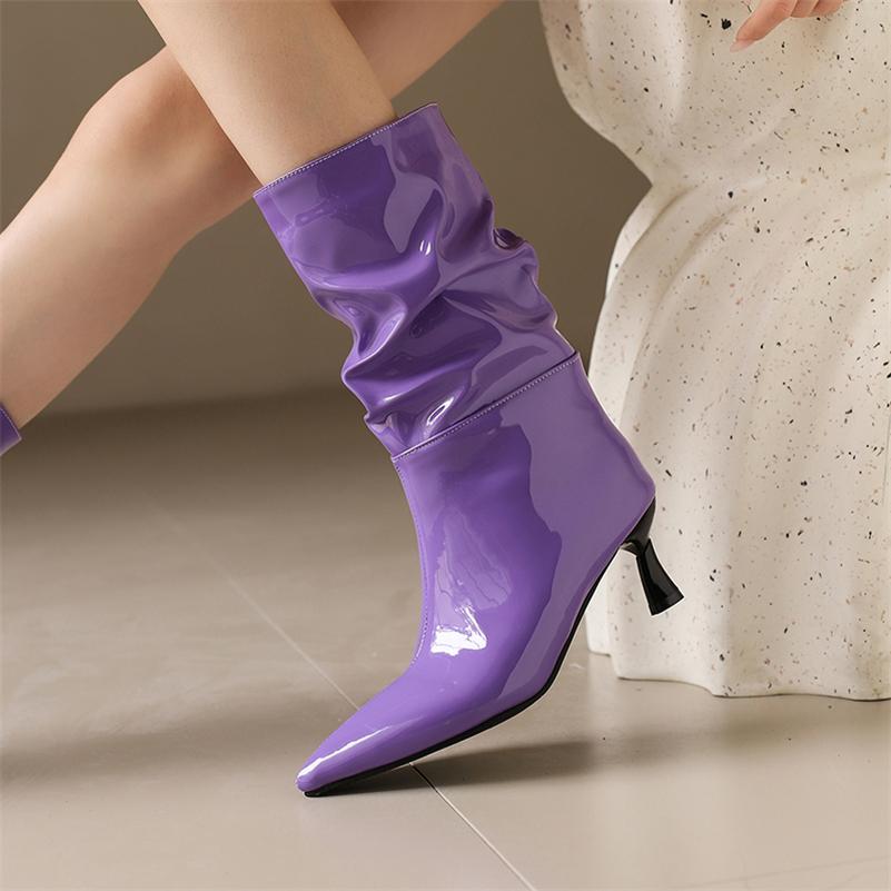 FOREADA Women Patent Leather Mid Calf Boots Pointed Toe Thin High Heels Pleated Ladies Fashion Shoes Autumn Winter Rose Red 46