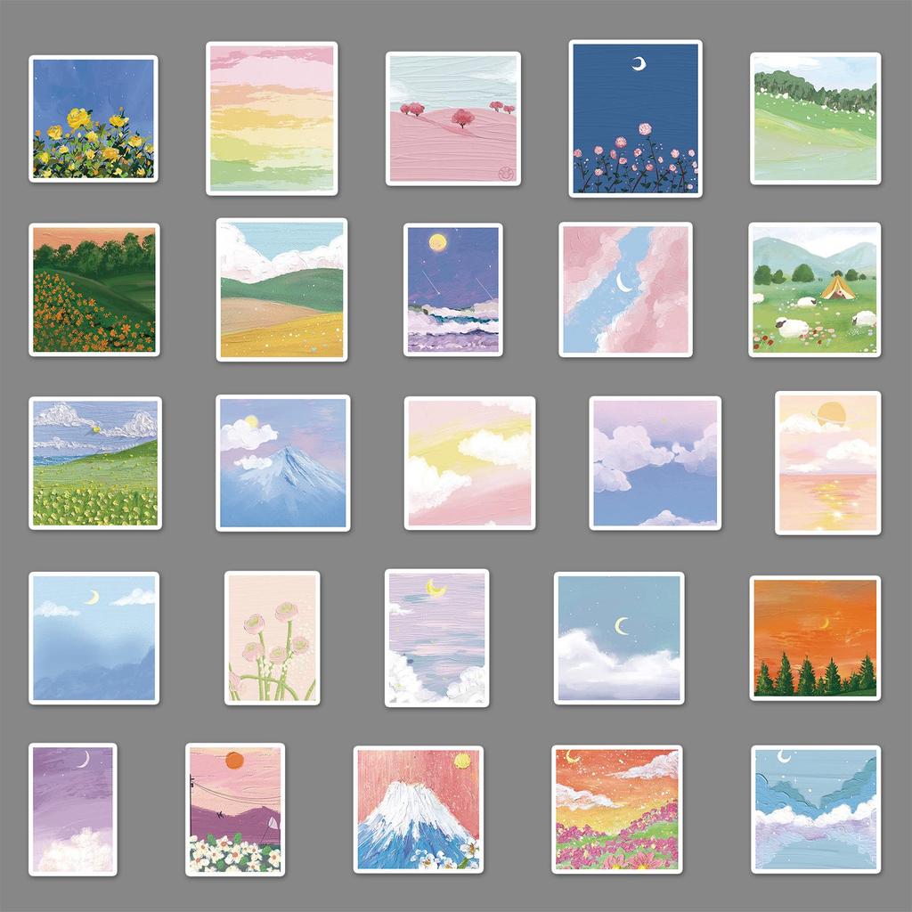 50 Trendy Landscape Oil Painting Stickers - DIY Skateboard & Water Bottle Decor (Non-Infringing, Graffiti Style)