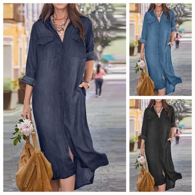 Cowboy Long Skirt Shirt Collar Denim Casual Skirt Long Casual Dresses