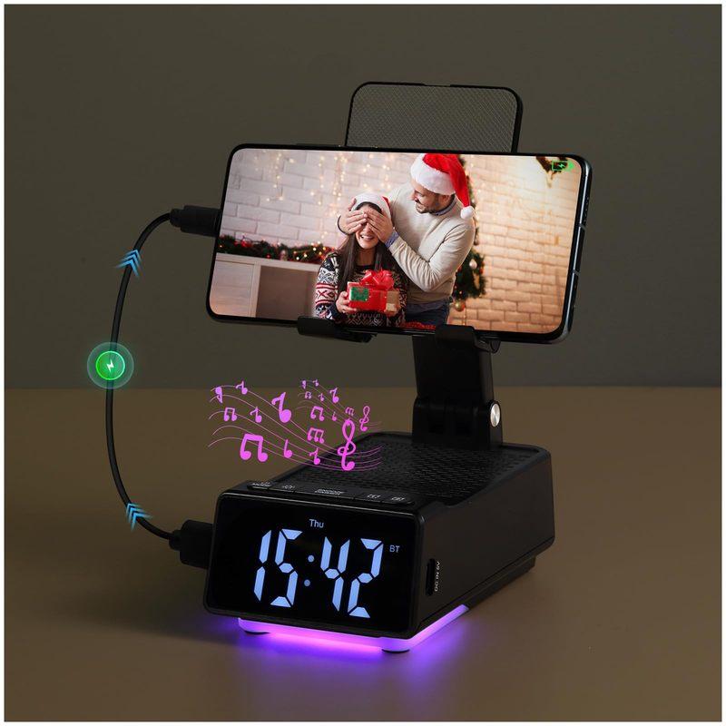 7-in-1 Cell Phone Stand Adjustable Foldable Wireless Bluetooth Speaker & Alarm Clock Tabletop USB drive player Colorful night light