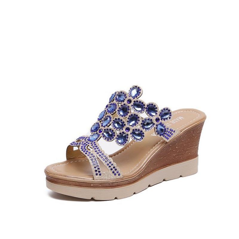 Summer new rhinestone slope heel cool slippers women wish thick bottom waterproof table high heel slippers
