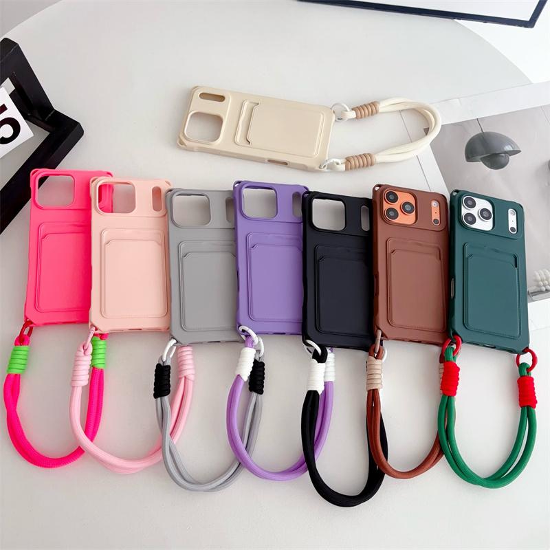 Short Rope Lanyard Phone Case For iPhone 17 Air 16 15 14 Plus 13 12 Mini 11 Pro Max X XR XS Max Card Clip Wallet Soft TPU Cover