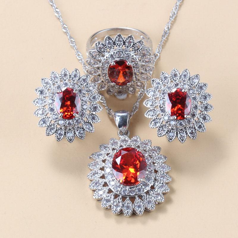 

Garnet Red Sunflower Jewelry Sets Luxurious Dubai Wedding Bridal Ring Necklace And Pendant Earrings Bracelet 7
