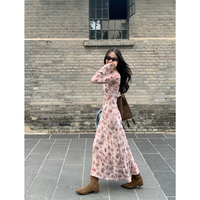 

Pusumede French Dress Autumn Rose Print Apricot gray bottom safflower S