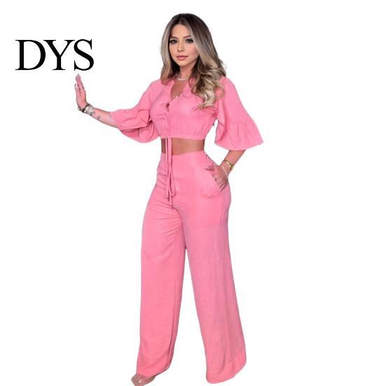 Breathable Lightweight Suit Set 2 Pcs/Set Women Crop Top Pants V Neck Half Bubble Sleeves High Waist Wide Leg Single-breasted Lace-up Solid
