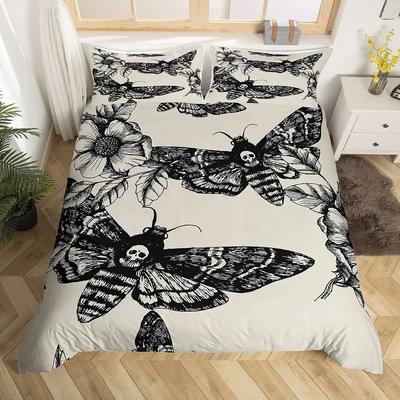 Skull Comforter Cover Set Twin Size Moth Printed Gothic Style Duvet Cover,Sugar Skull Pattern Botanical Floral Decor Bedding Set