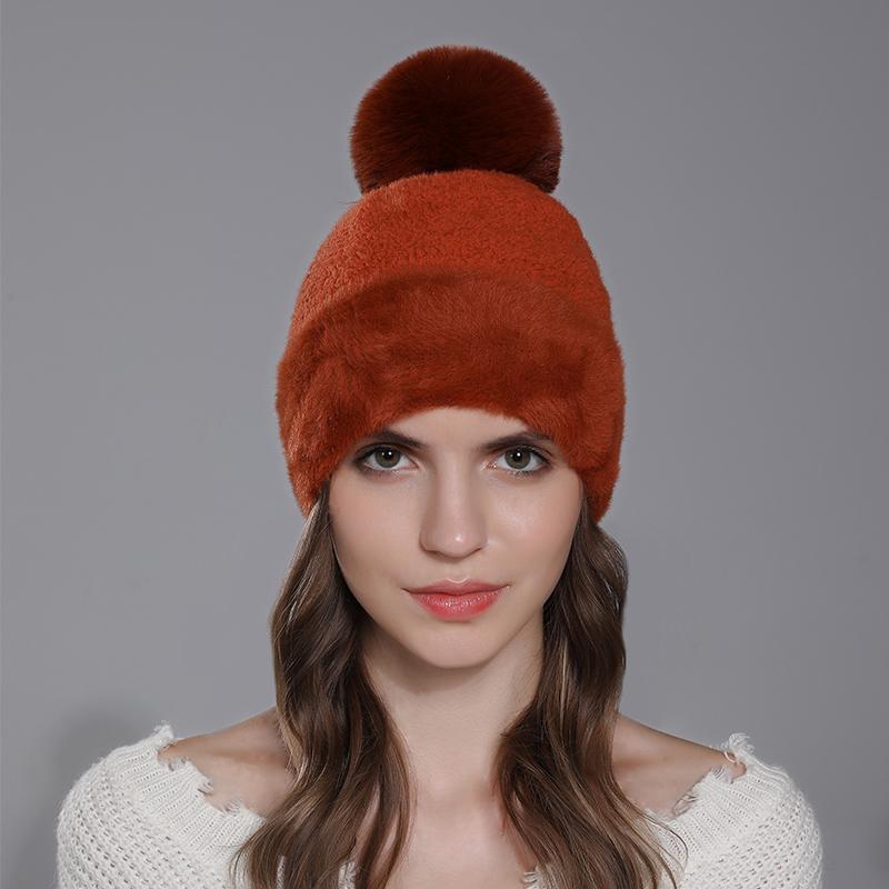 

Новая женская теплая бархатная шапка из искусственного меха кролика с помпоном, мягкие шапочки, зимние женские милые шапки для девочек