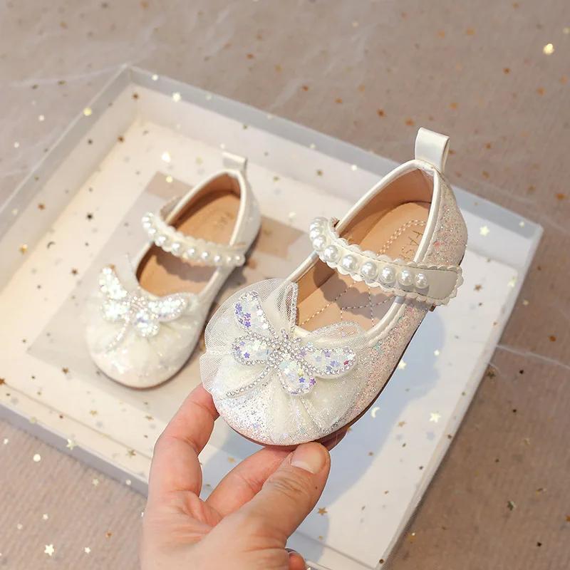 Girls Mary Janes Crystal Flats for Wedding Party Kids Sequined Butterfly-knot with Lace Princess Sweet Children Glitter Shoes