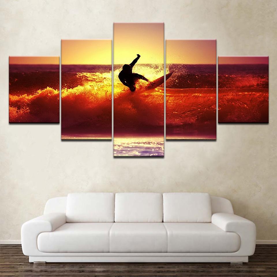 Surfing on the sea golden sunset 5 Panels HD Print Wall Art modern Modular Poster art Canvas painting for Living Room Home Decor