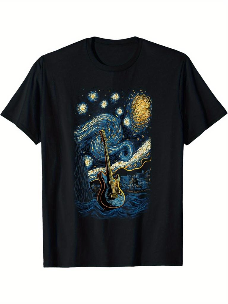 Herren Van Gogh Sternennacht Gitarren T-Shirt Künstlerisches Musik-Fusionsdesign Baumwolle Regular Fit Rundhals-T-Shirt Herren Bequem