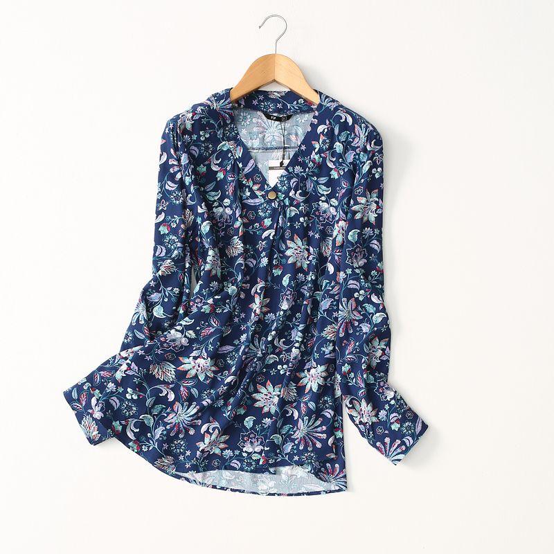 Foreign Trade Original Order Loose Plaid Ethnic Print V Neck Cotton Silk Shirt Women's Long-Sleeved Artificial Cotton Pullover Shirt
