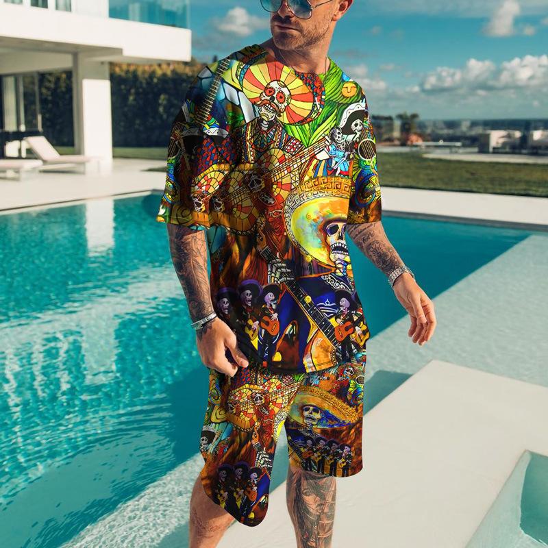 Men's Summer 3D Skull Leisure Set Fashionable Comfortable Loose Color Blocked Printed Sport Wear