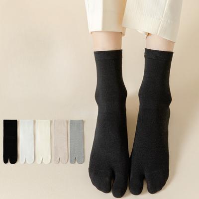 Chaussettes d'orteils en coton de couleur unie pour femmes, printemps et automne, tongs fines, sabots en bois à deux orteils anti-odeurs, pile de chaussettes mi-mollet