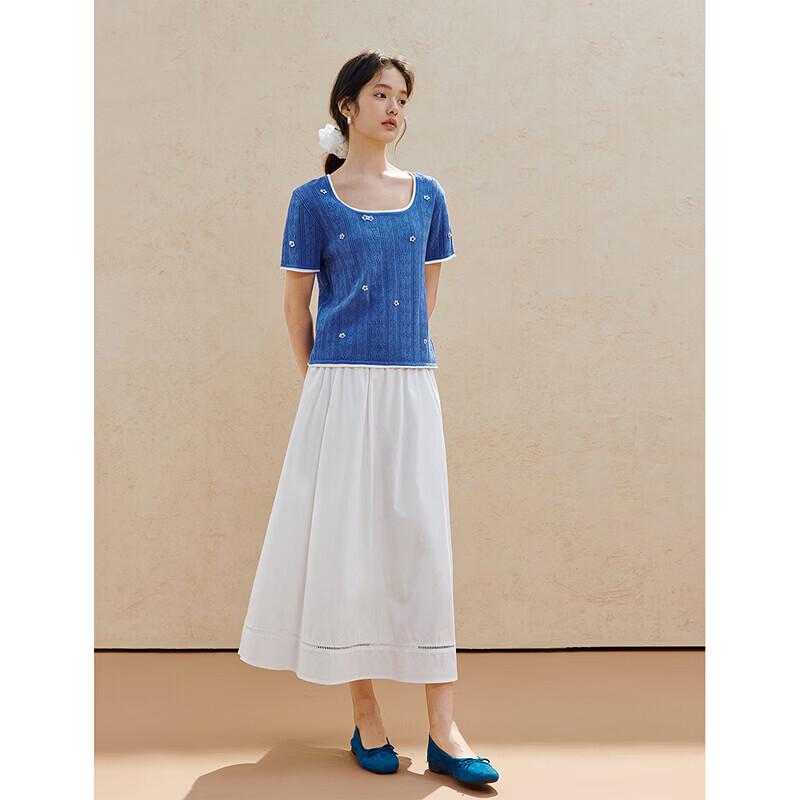 INMAN French Embroidered Hollow Knit Short-Sleeve Top