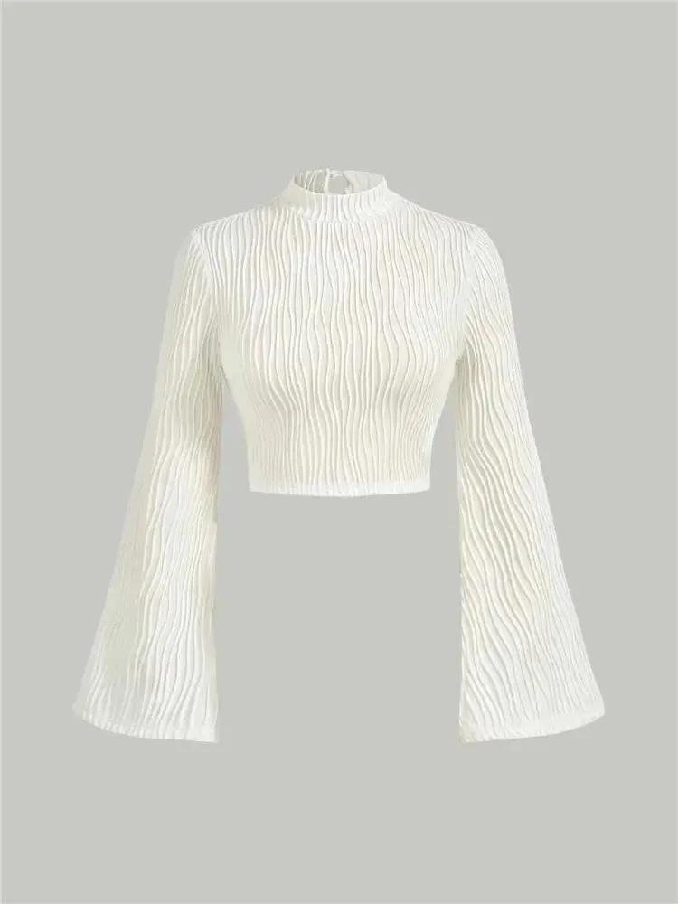 Long Sleeve Crop Top Phumee Textured Mock Neck Solid color A1144