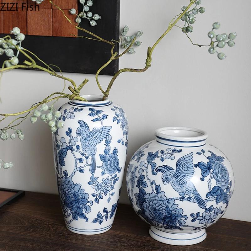 Flowers and Birds Pattern Blue Porcelain Vase Plant Pots Table Decoration Flowers Arrangement Floral Vases Room Aesthetic Decor