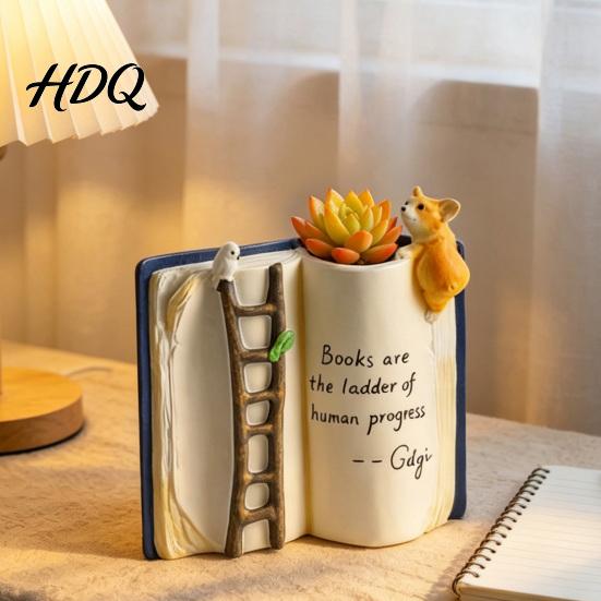 Niche Design Desktop Decor Book Shaped Flower Pot Creative Planter with Ladder Puppy And Bird for Unique Desk Ornament Succulents & Small Plants,