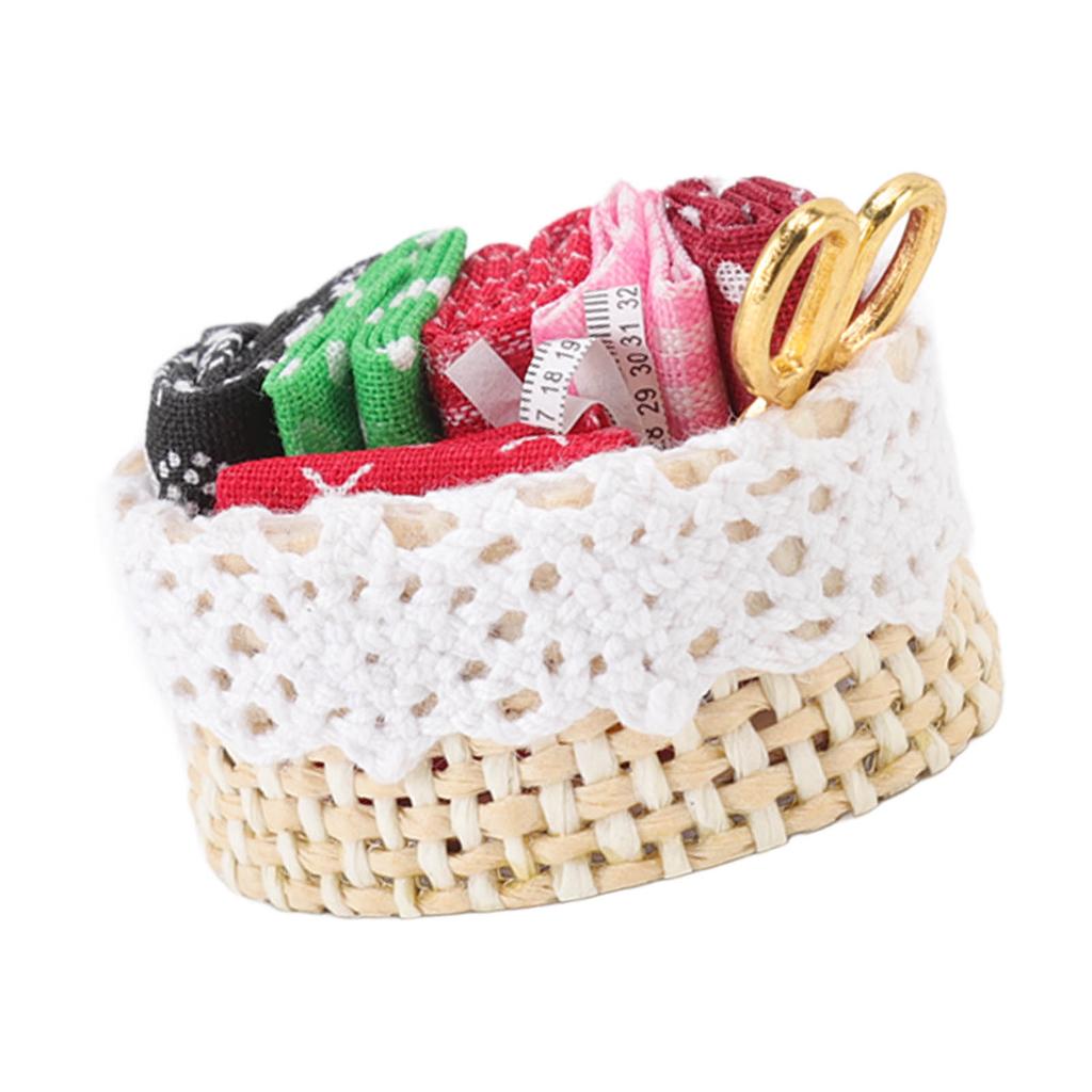 1:12 Dollhouse Sewing Kit Simulation Fabric Scissors Tape Measure Miniature Sewing Basket for