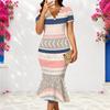 Women Plus Size V Neck Short Sleeve Multicolor Striped Printed Fitted Fishtail Dress