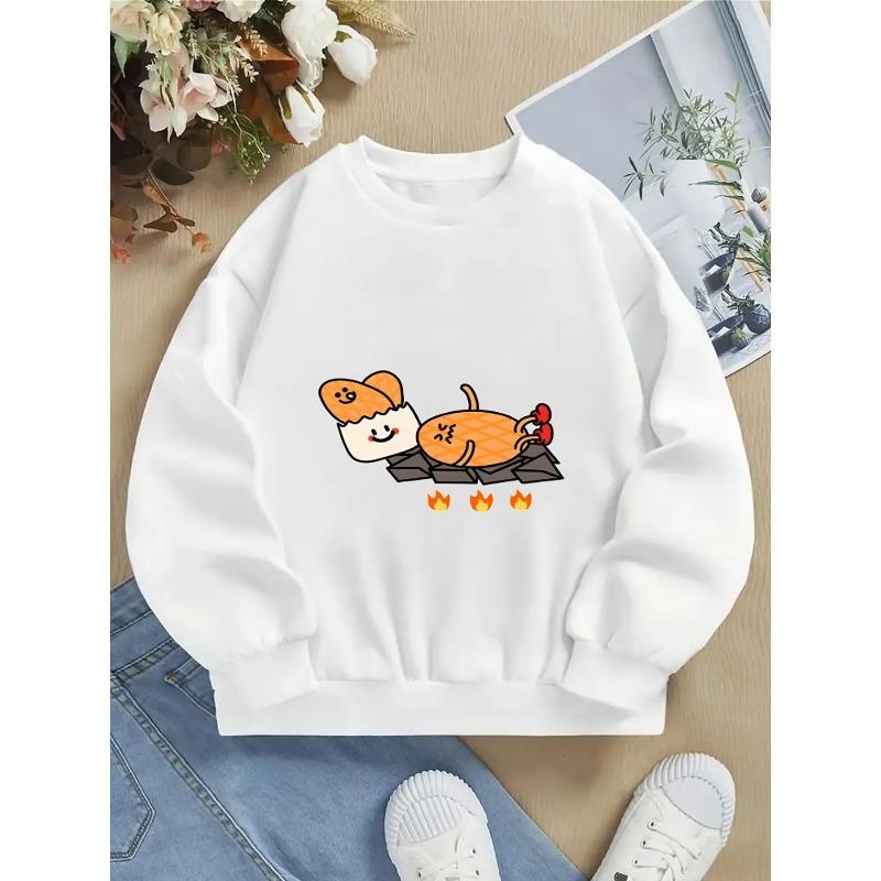 Girls' Crewneck Sweatshirt - Waffle Cat on Rocks with Machine Washable, Spring And Autumn, Sportswear And Casual Wear