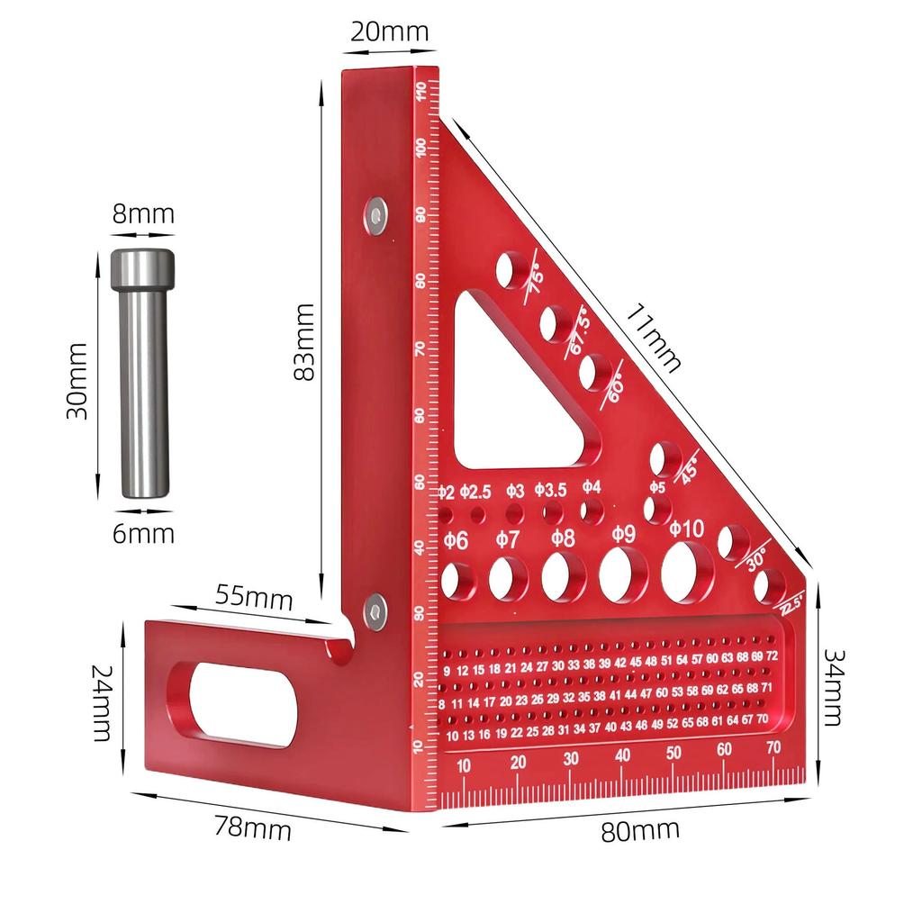 Aluminum Alloy Red Miter Triangle Ruler 45°/90° Woodworking Square Protractor - 3D Multi Angle Layout Measuring Tools
