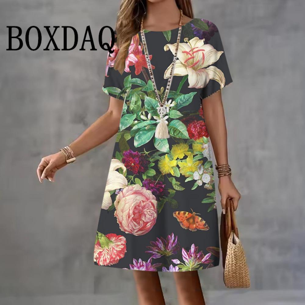 Summer Woman Clothing Short Sleeve Dresses Flower Printing Midi Dress 3D Retro Women's Clothing Loose Casual Round Neck Pullover